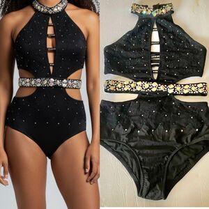Glamour solo custom dance costume black leotard rhinestone MA-Medium adult